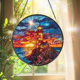 Lighthouse Sunset Stained Glass Suncatcher: Coastal Home Decor